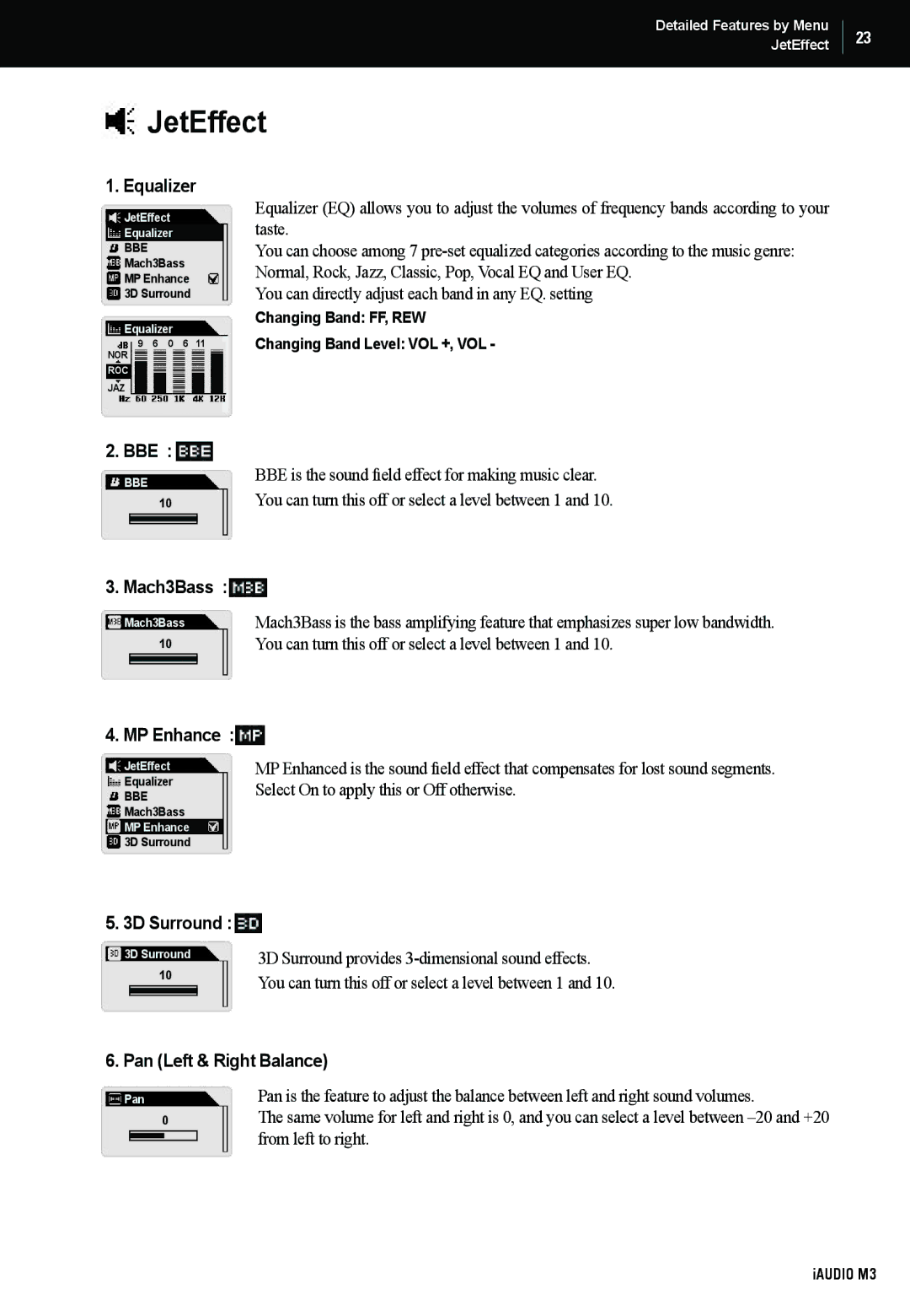 Cowon Systems M3 manual JetEffect, Equalizer 