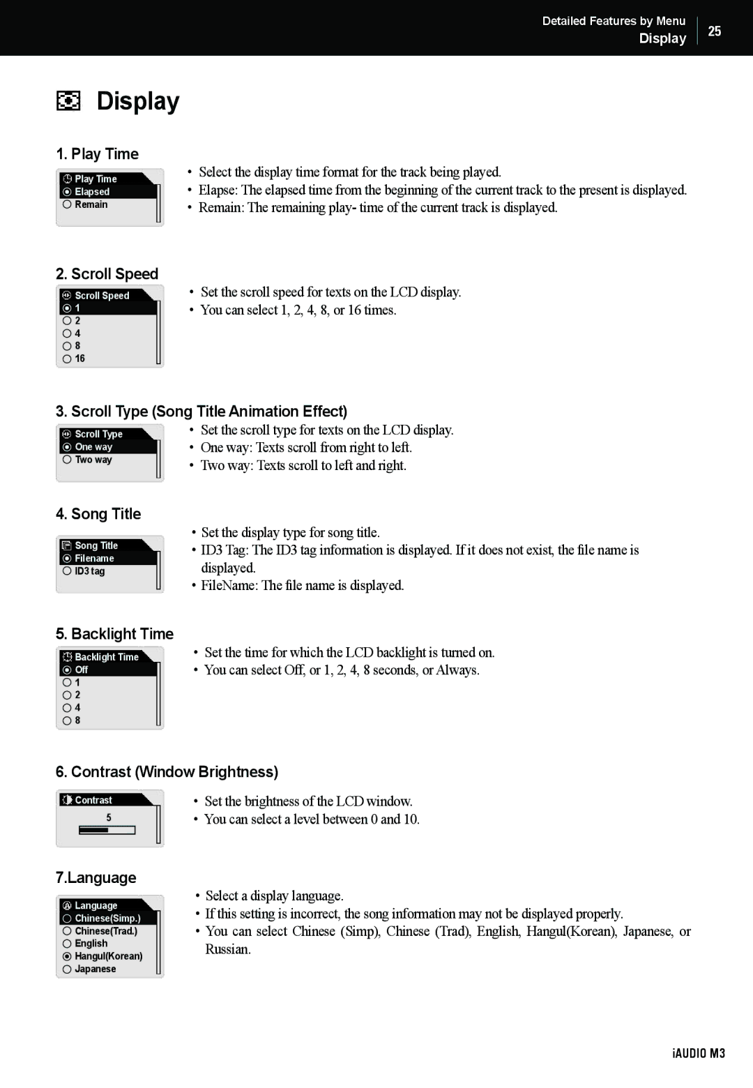 Cowon Systems M3 manual Scroll Speed, Scroll Type Song Title Animation Effect, Backlight Time, Contrast Window Brightness 