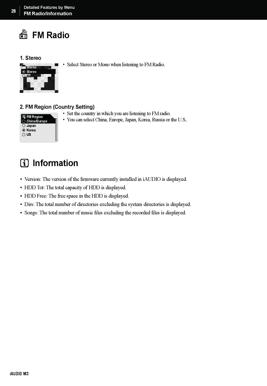 Cowon Systems M3 manual FM Radio, Information, Stereo, FM Region Country Setting 