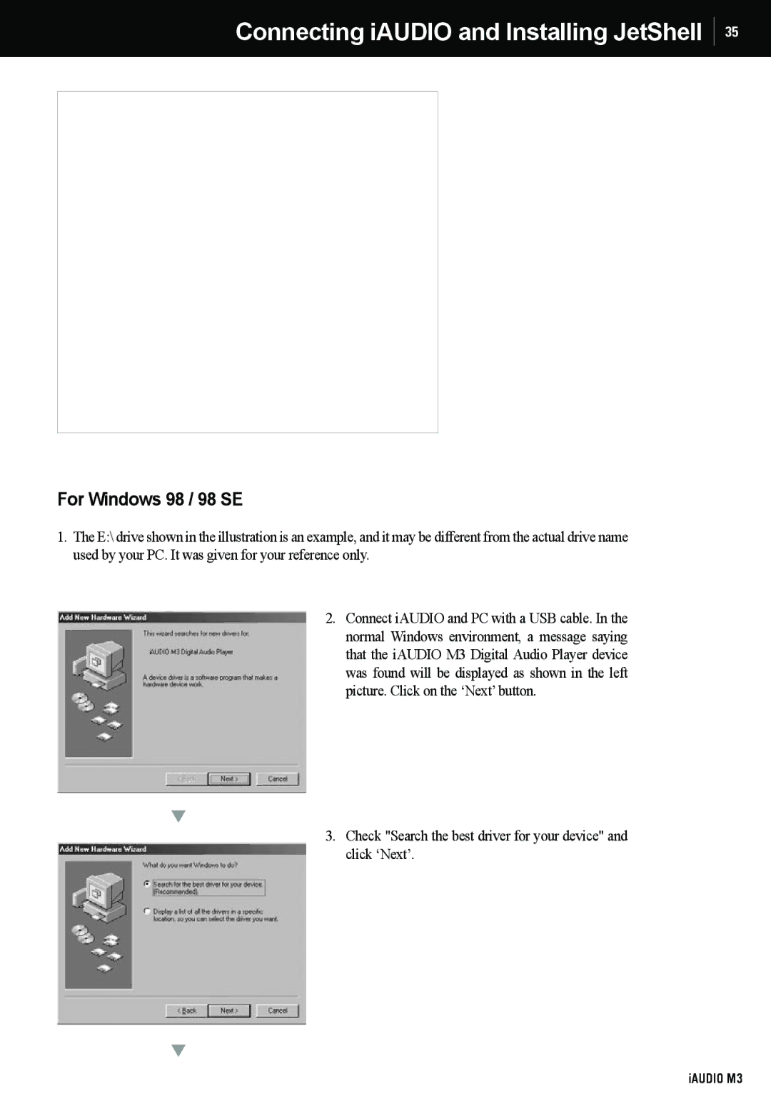 Cowon Systems M3 manual Connecting iAUDIO and Installing JetShell, For Windows 98 / 98 SE 