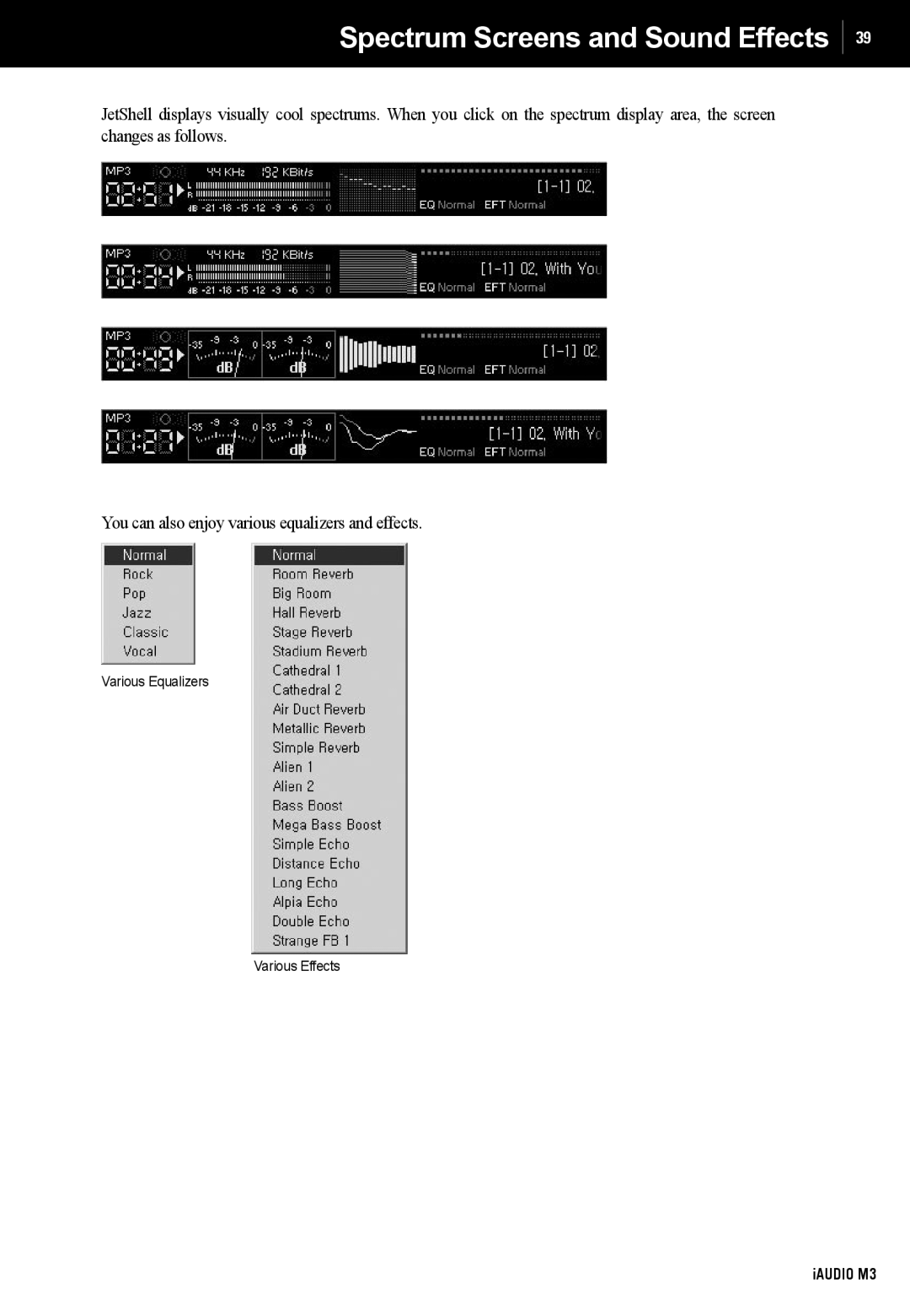 Cowon Systems M3 manual Spectrum Screens and Sound Effects 