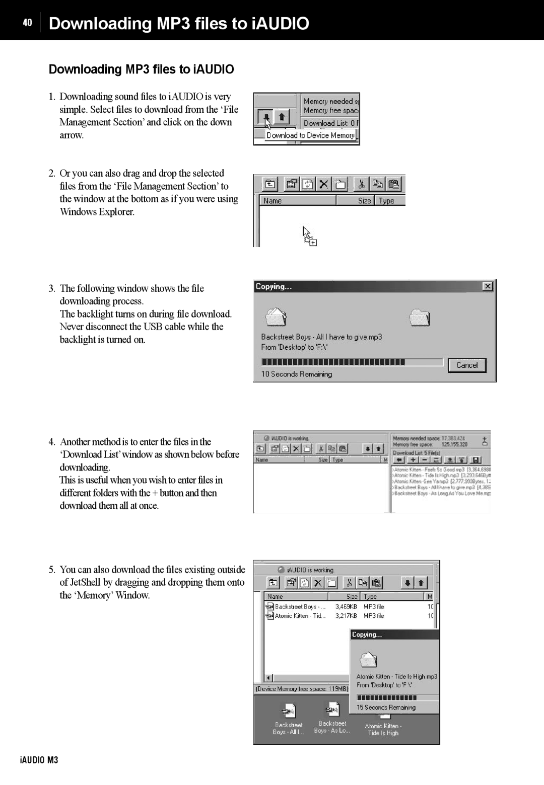 Cowon Systems M3 manual Downloading MP3 files to iAUDIO 