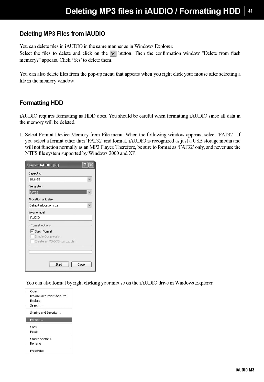 Cowon Systems M3 manual Deleting MP3 files in iAUDIO / Formatting HDD, Deleting MP3 Files from iAUDIO 