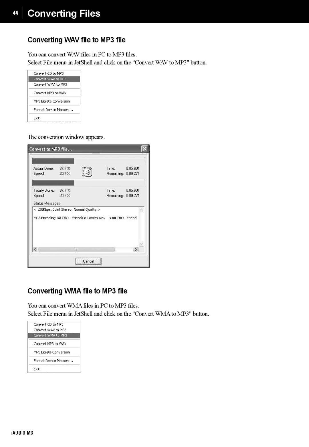 Cowon Systems M3 manual Converting Files, Converting WAV file to MP3 file, Converting WMA file to MP3 file 