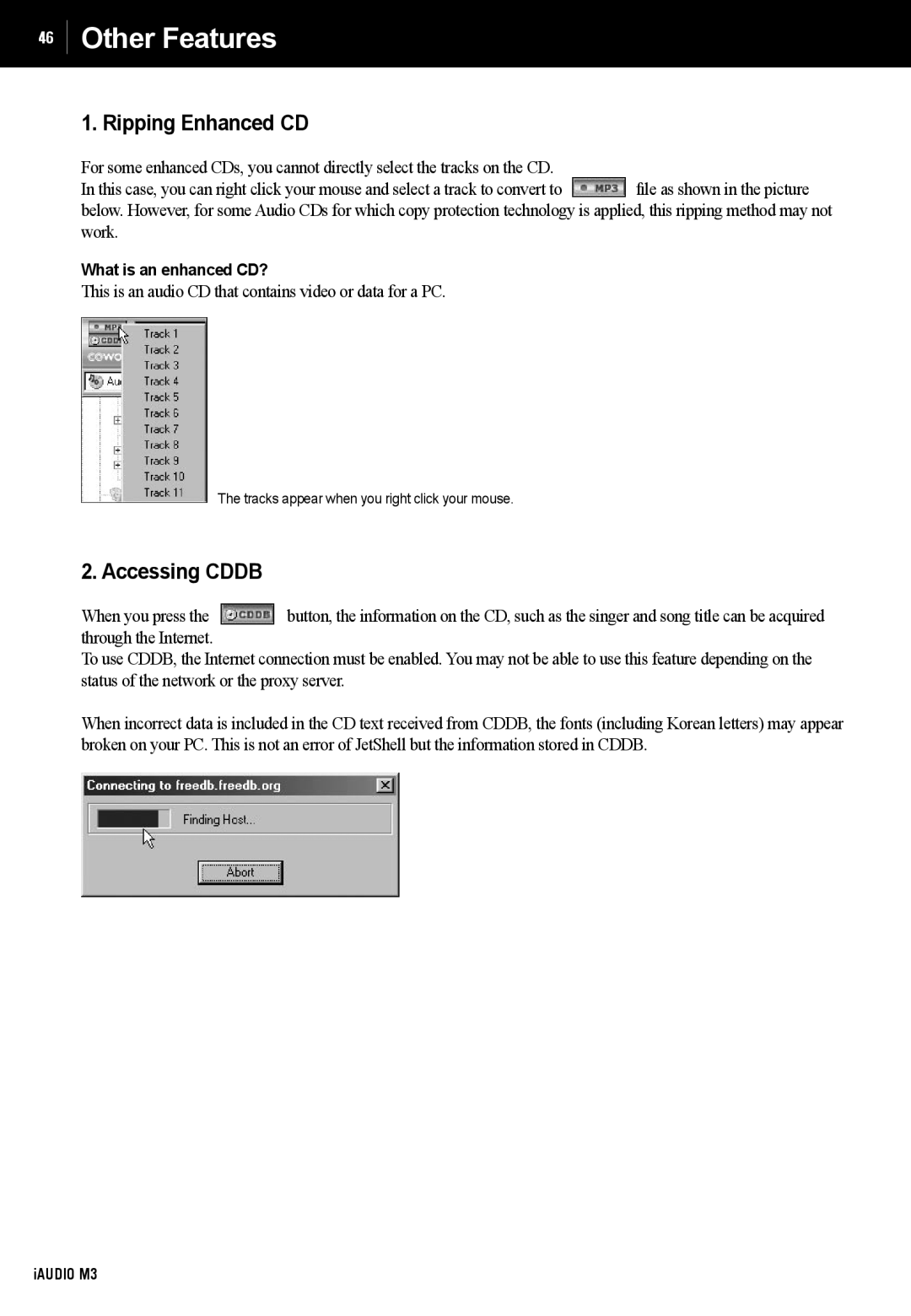 Cowon Systems M3 manual Other Features, Ripping Enhanced CD, Accessing Cddb 