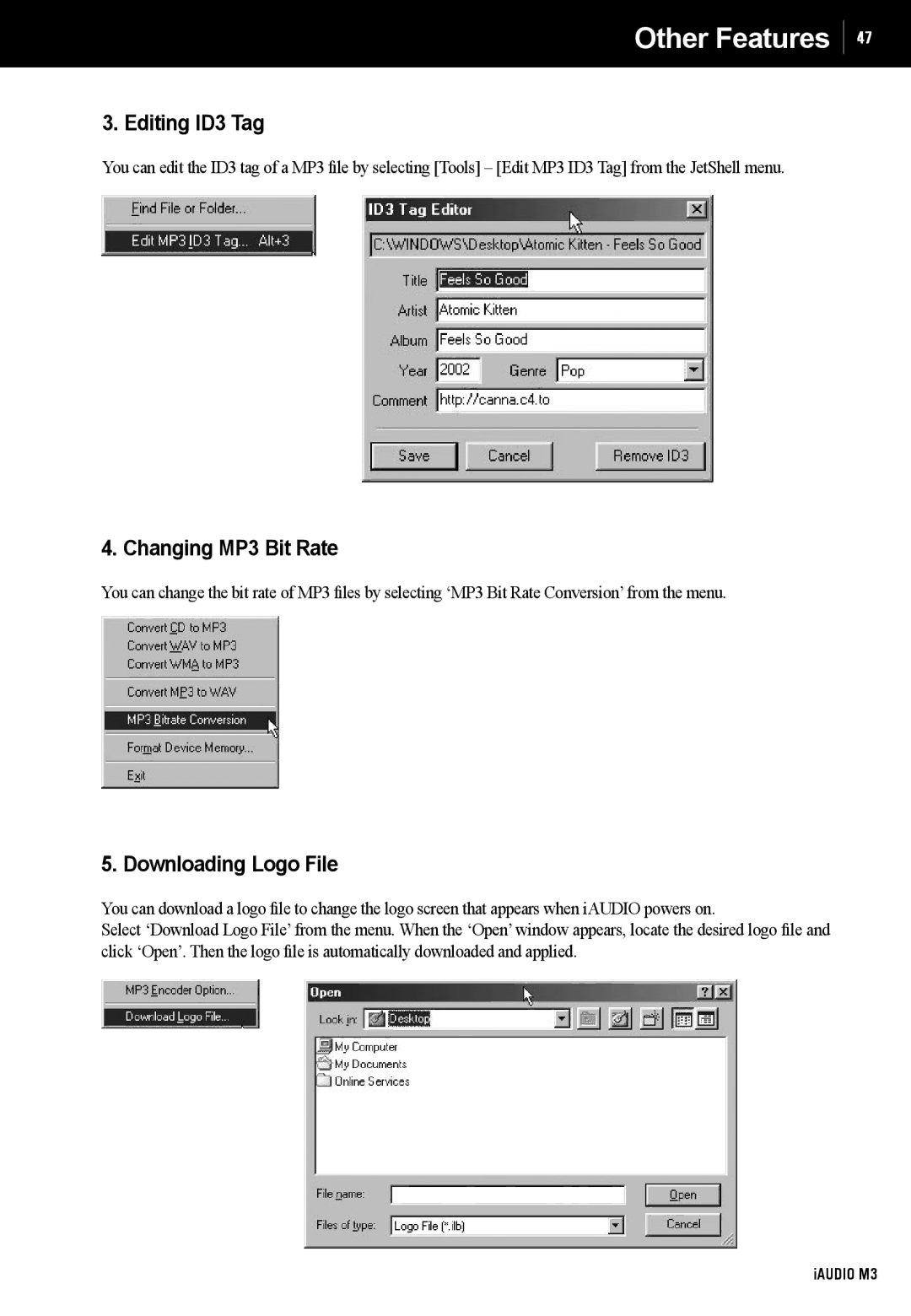 Cowon Systems M3 manual Editing ID3 Tag, Changing MP3 Bit Rate, Downloading Logo File 