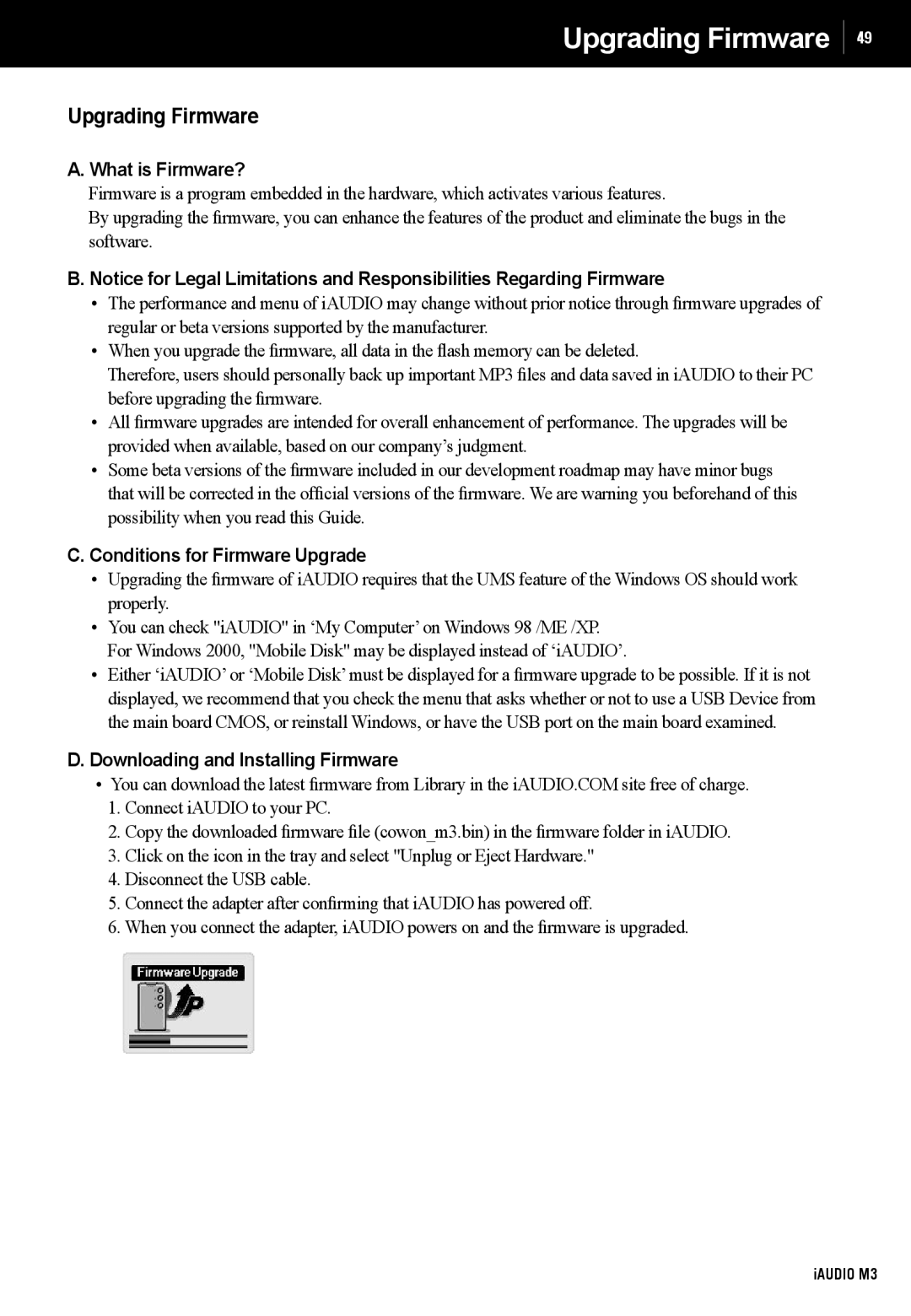 Cowon Systems M3 manual Upgrading Firmware, What is Firmware?, Conditions for Firmware Upgrade 