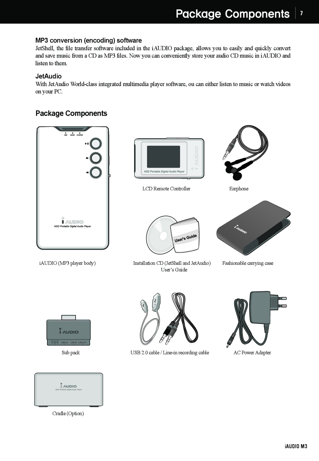 Cowon Systems M3 manual Package Components, MP3 conversion encoding software, JetAudio 