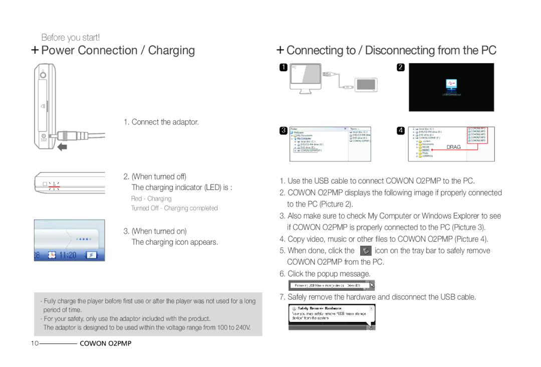 Cowon Systems O2PMP manual + Power Connection / Charging, When turned on Charging icon appears 