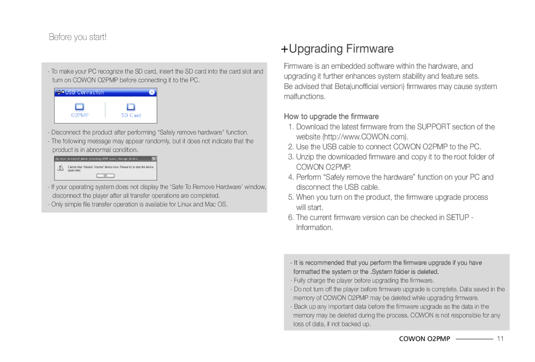 Cowon Systems manual +Upgrading Firmware, Cowon O2PMP 