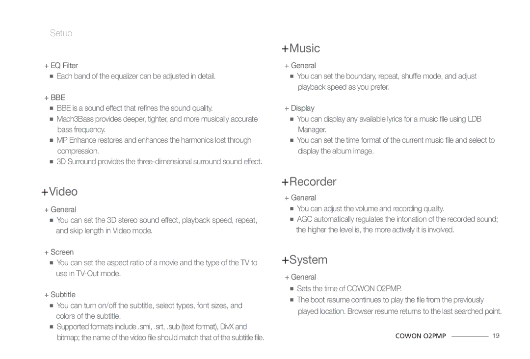 Cowon Systems O2PMP manual +Video, +Music, +Recorder, +System 