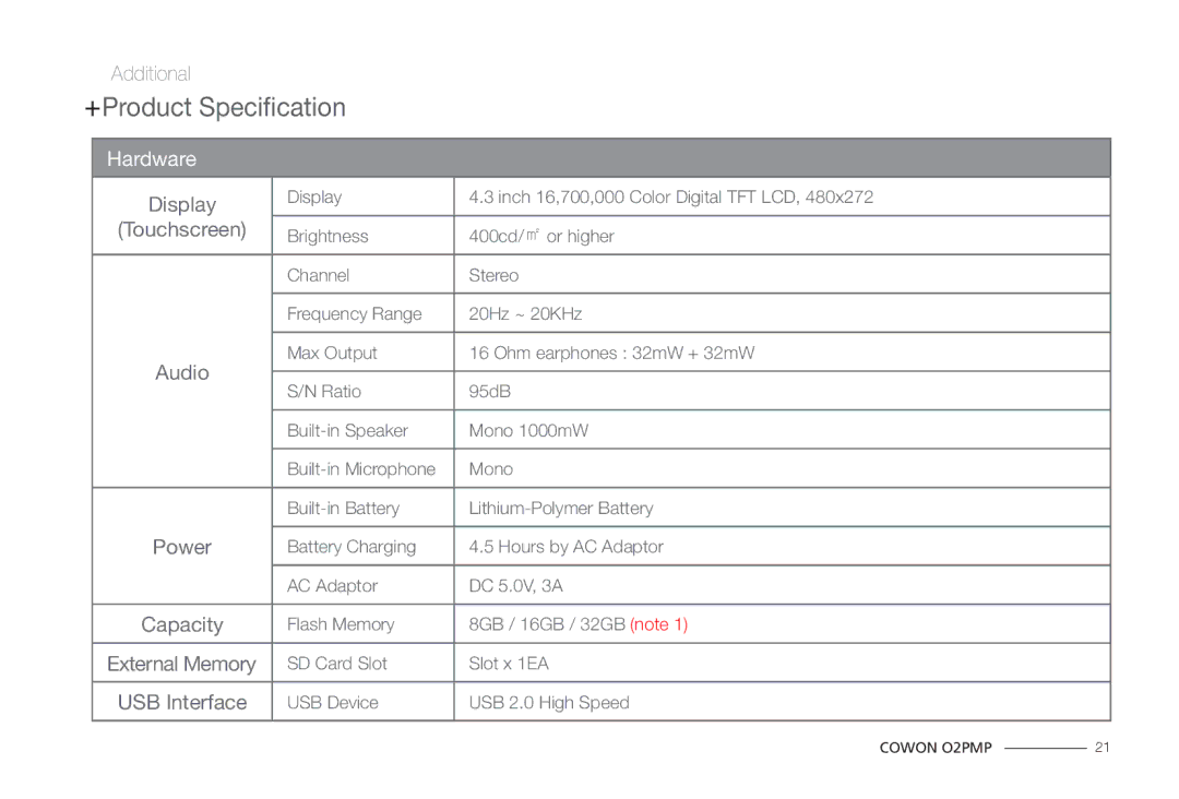 Cowon Systems O2PMP manual +Product Specification, Display, Touchscreen, Audio, Power 