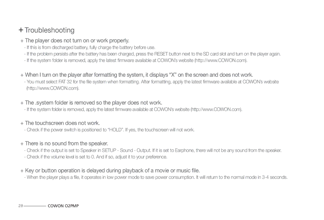 Cowon Systems O2PMP manual + Troubleshooting, + The player does not turn on or work properly 