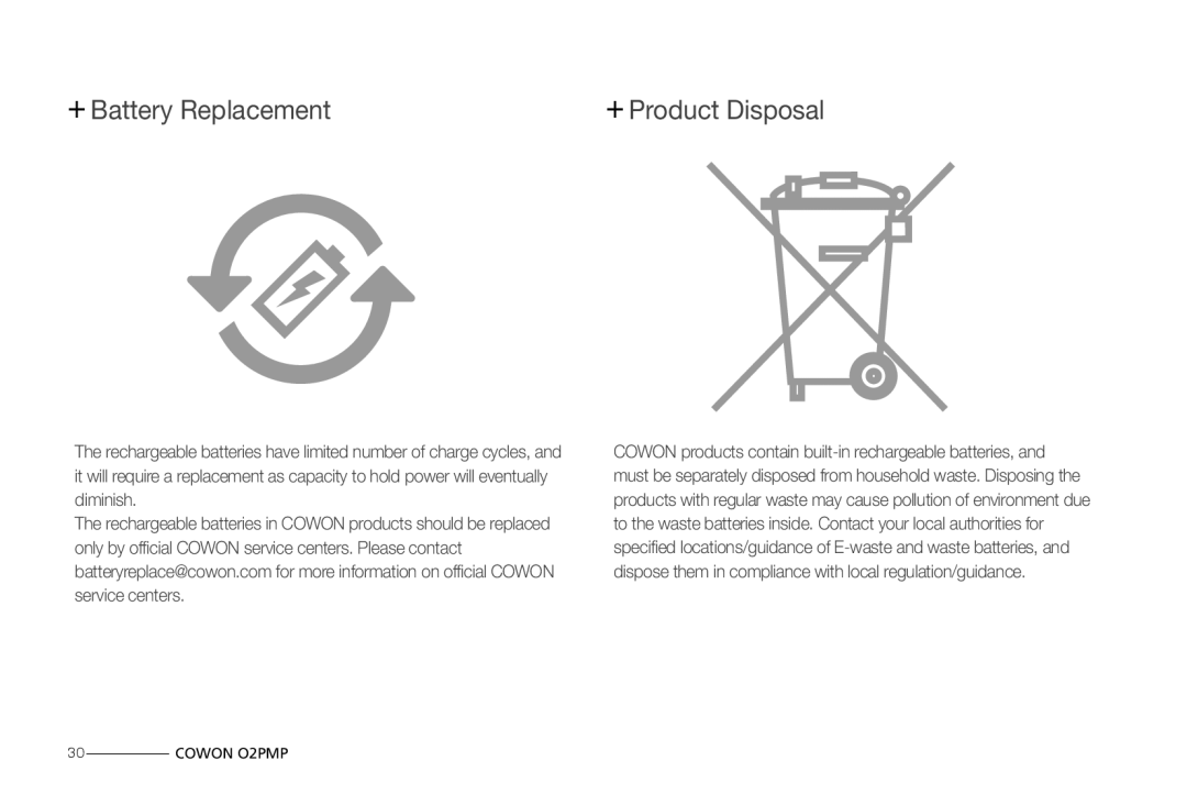 Cowon Systems O2PMP manual + Battery Replacement, + Product Disposal 