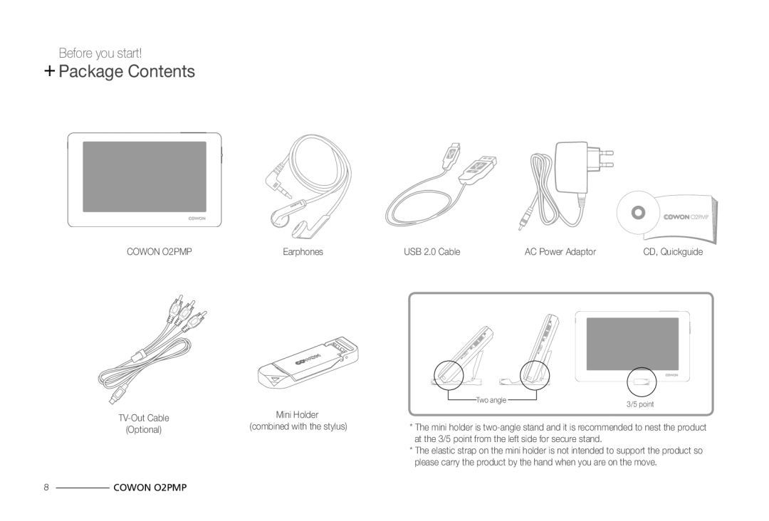 Cowon Systems O2PMP manual + Package Contents 