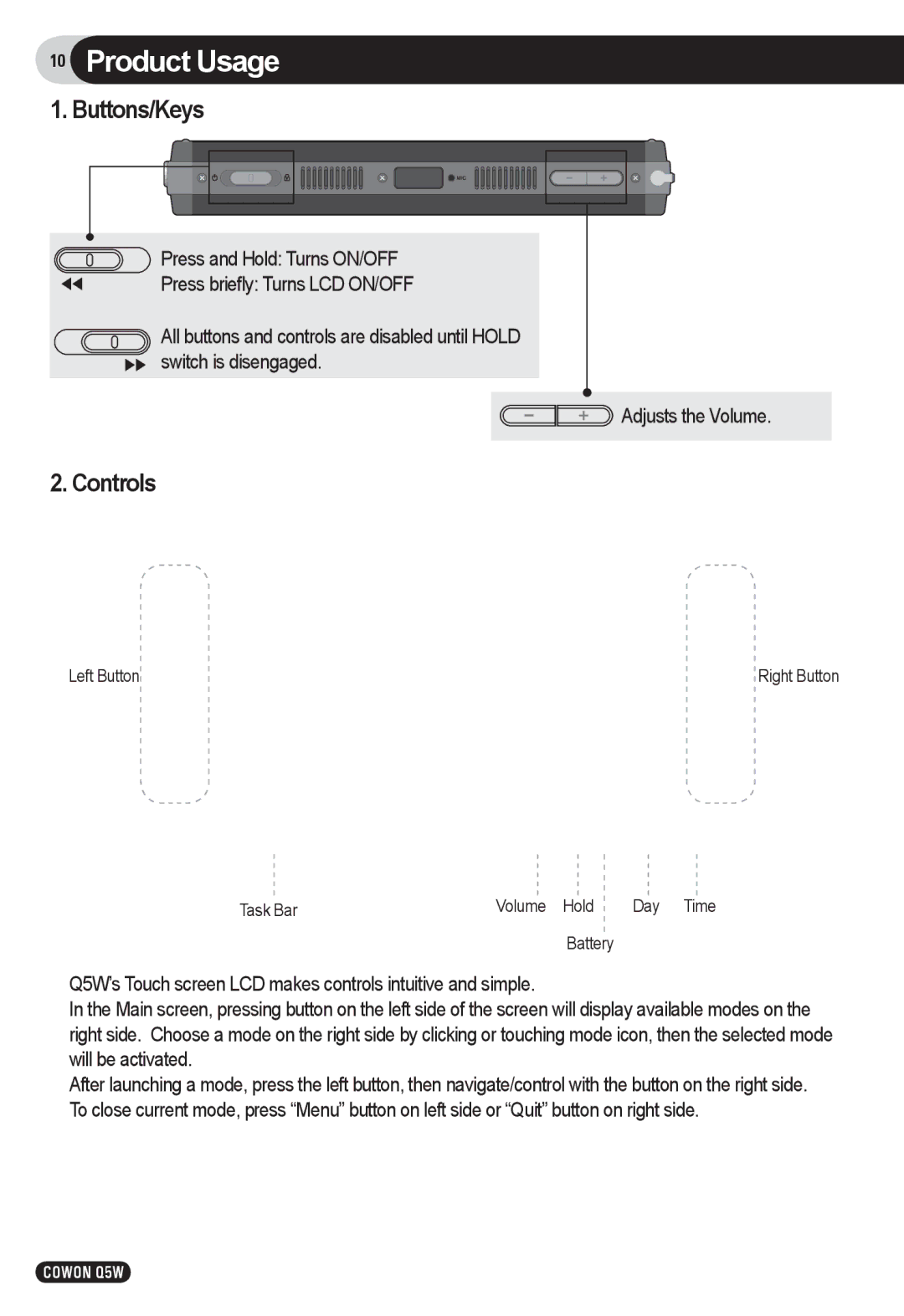 Cowon Systems Q5W user manual Buttons/Keys, Controls 