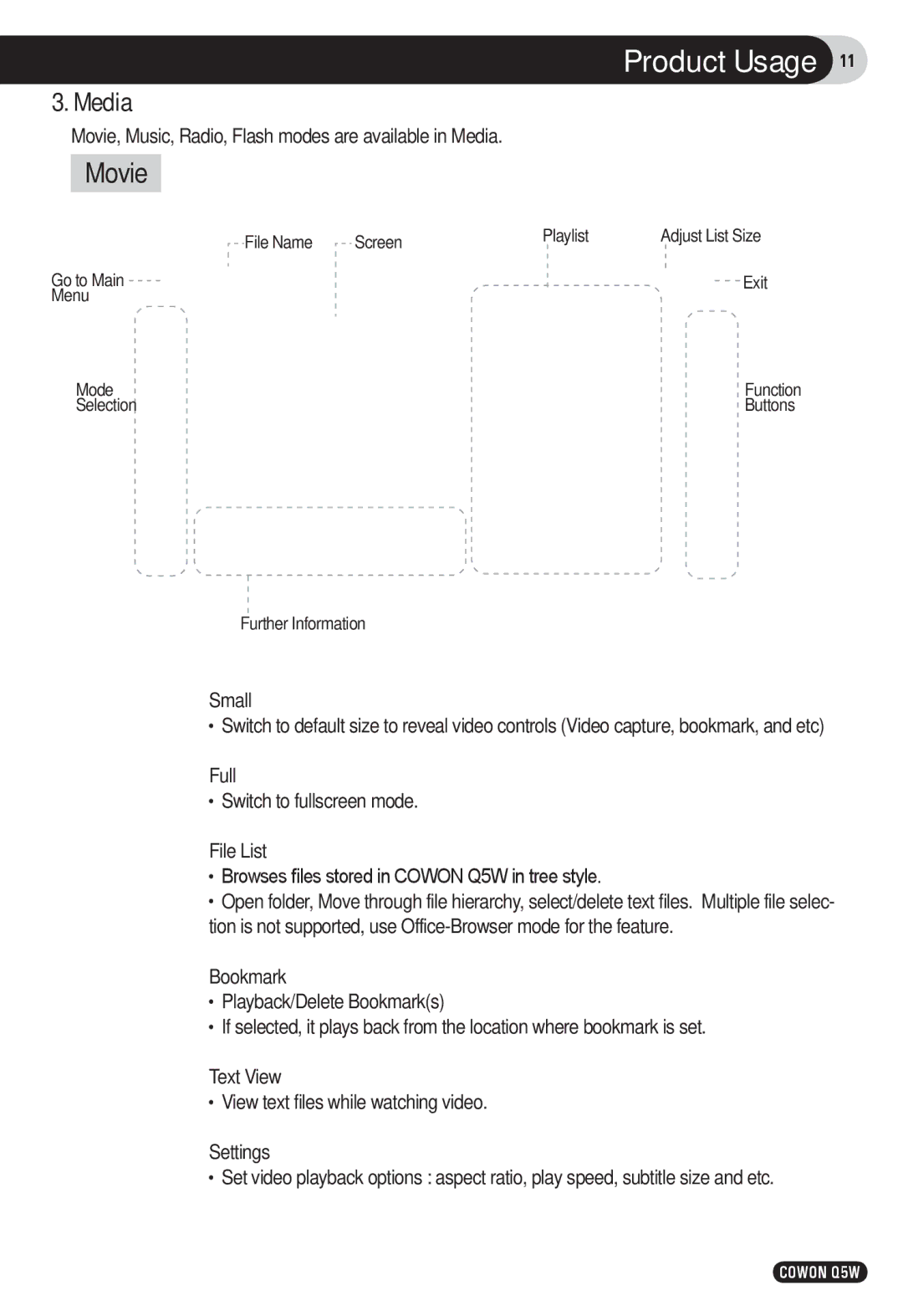 Cowon Systems Q5W user manual Movie, Media 