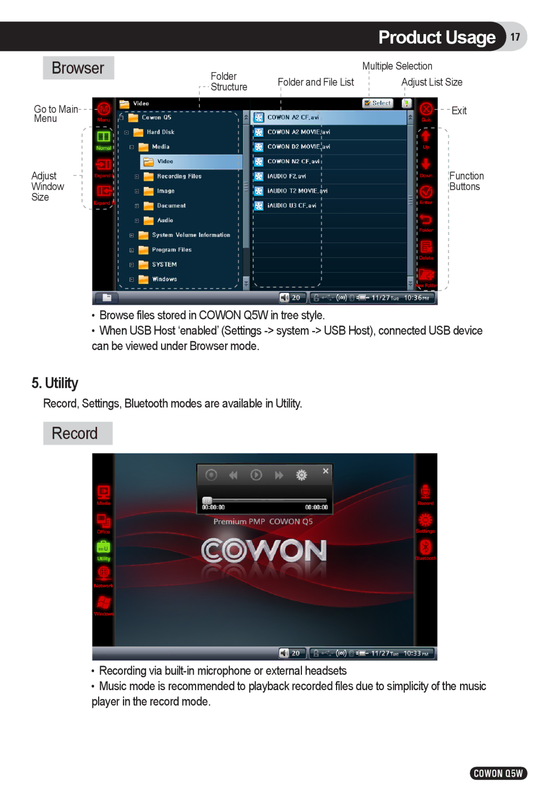 Cowon Systems Q5W user manual Browser, Record, Utility 