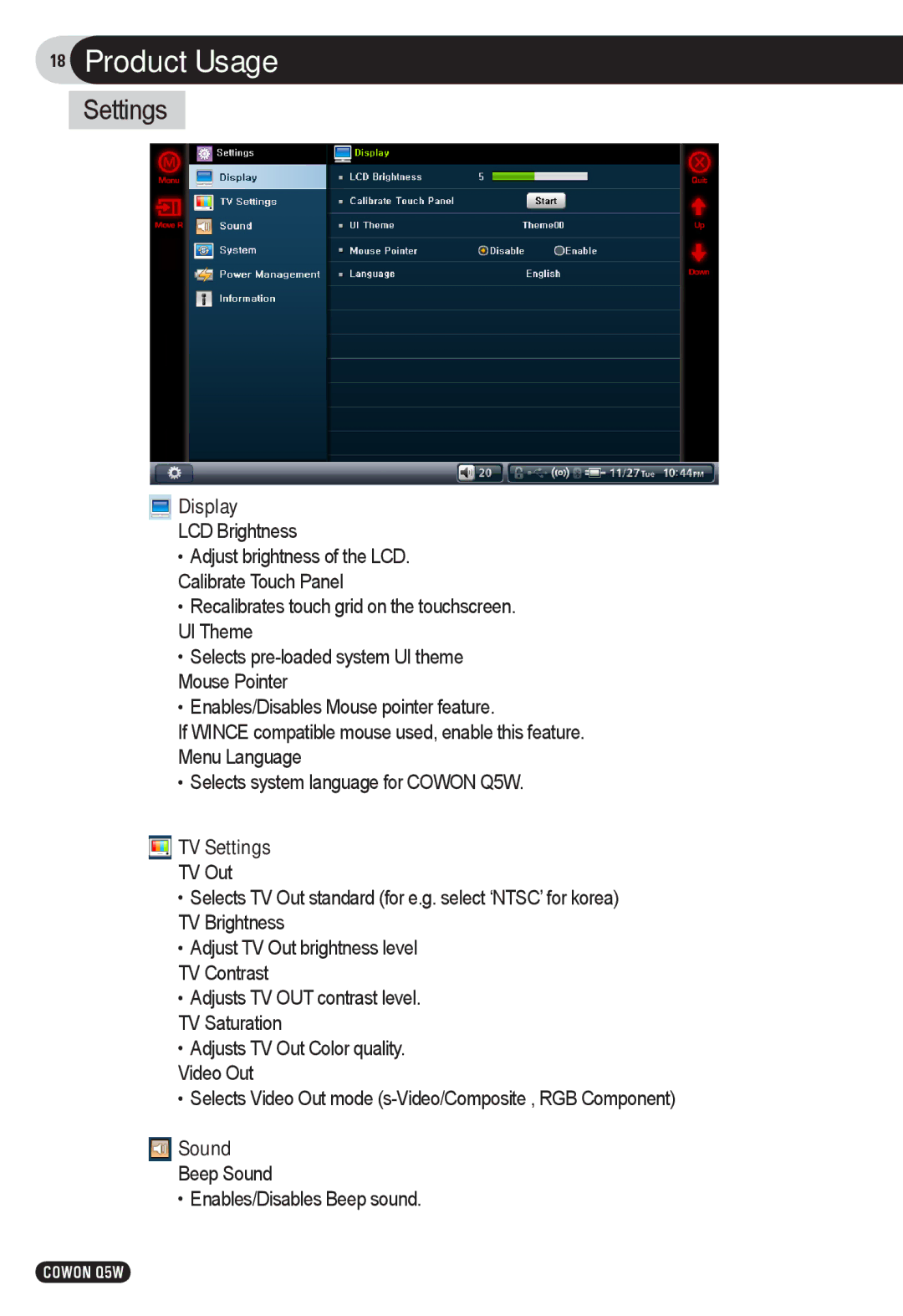 Cowon Systems Q5W user manual Display, TV Settings, Sound 