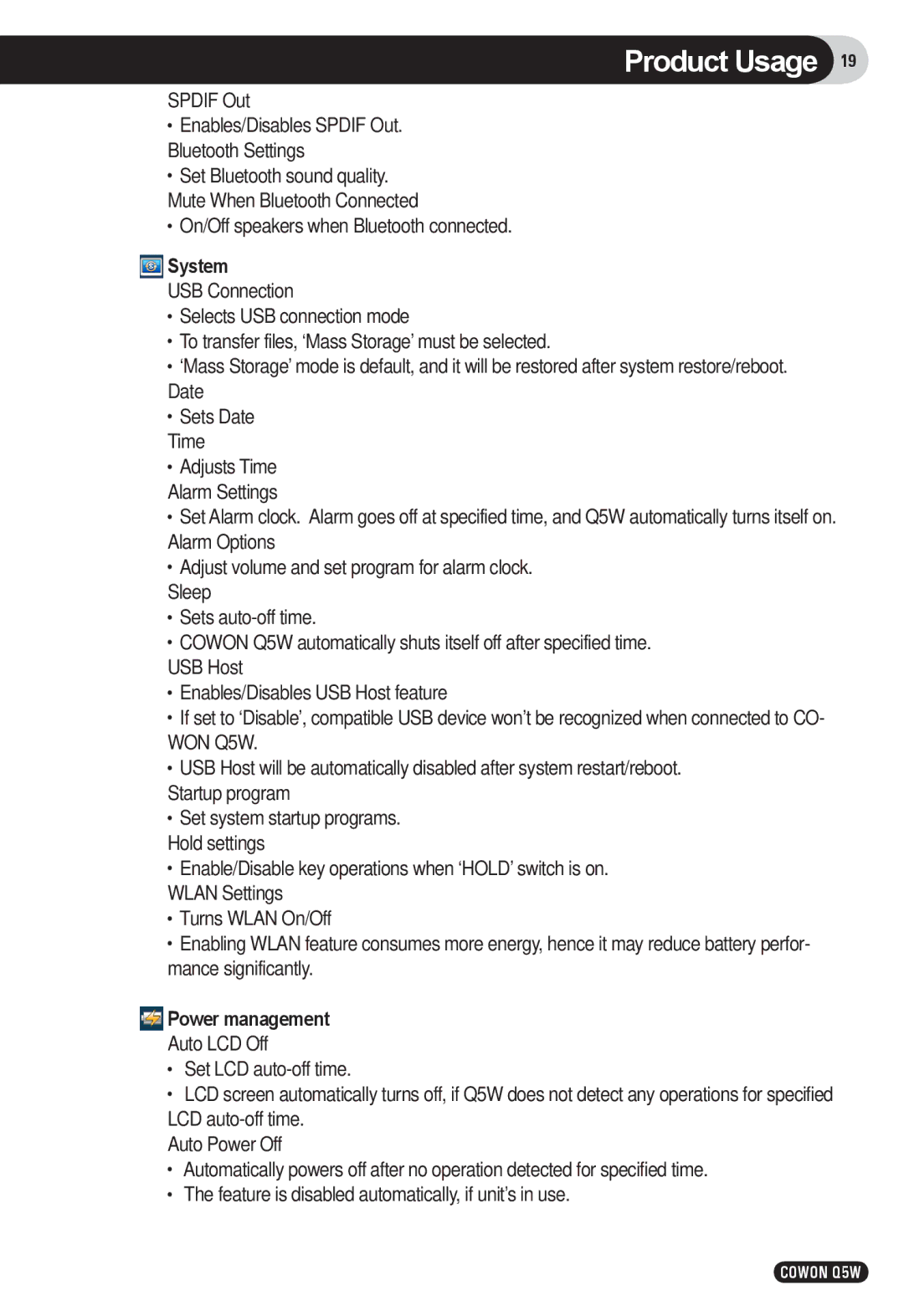 Cowon Systems Q5W user manual System, Power management 