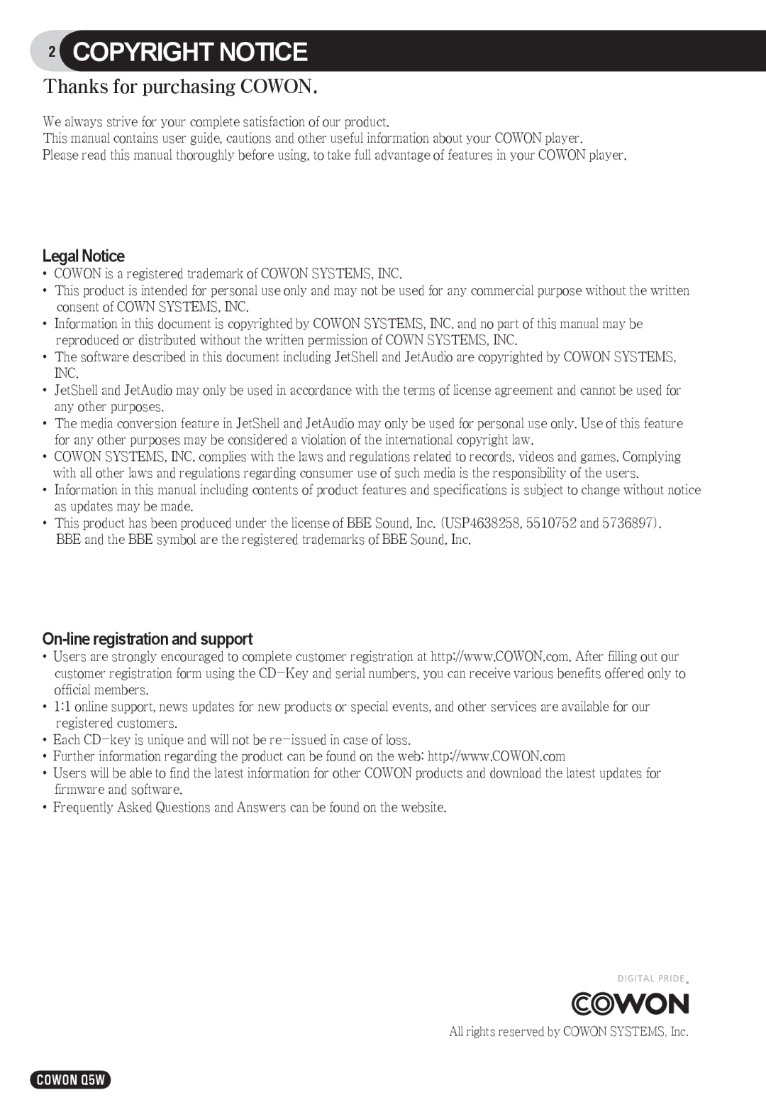 Cowon Systems Q5W user manual Legal Notice, On-line registration and support 