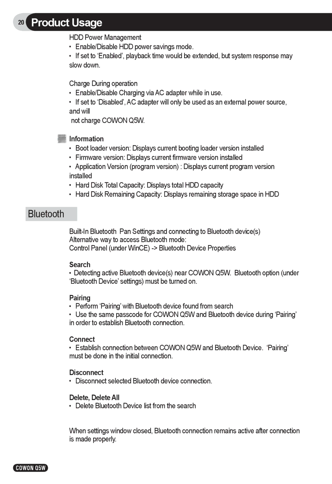 Cowon Systems Q5W user manual Bluetooth 