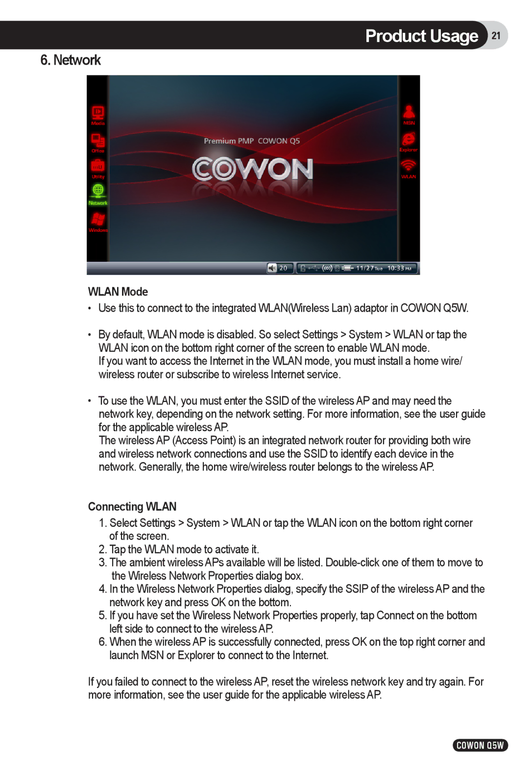 Cowon Systems Q5W user manual Network, Wlan Mode, Connecting Wlan 