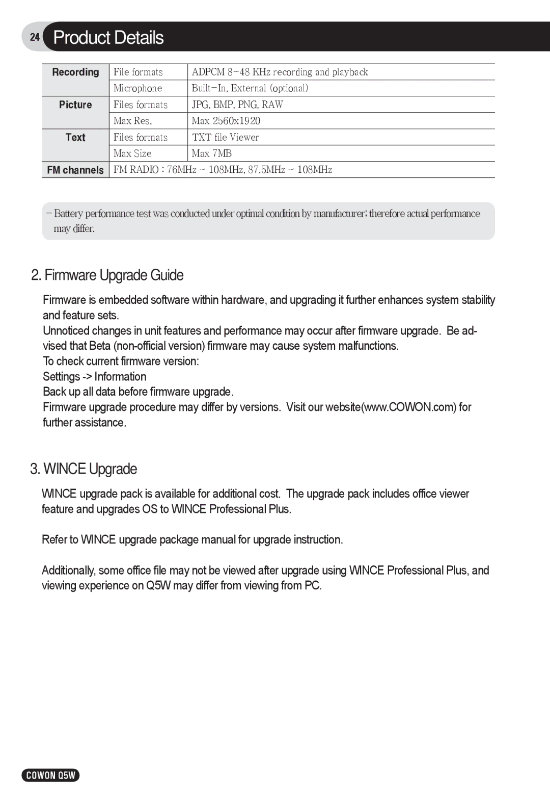 Cowon Systems Q5W user manual Firmware Upgrade Guide, Wince Upgrade 