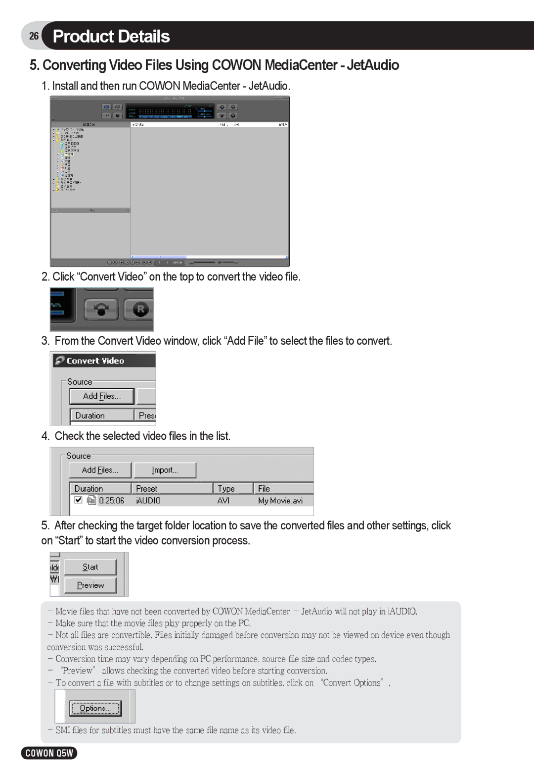 Cowon Systems Q5W user manual Converting Video Files Using Cowon MediaCenter JetAudio 