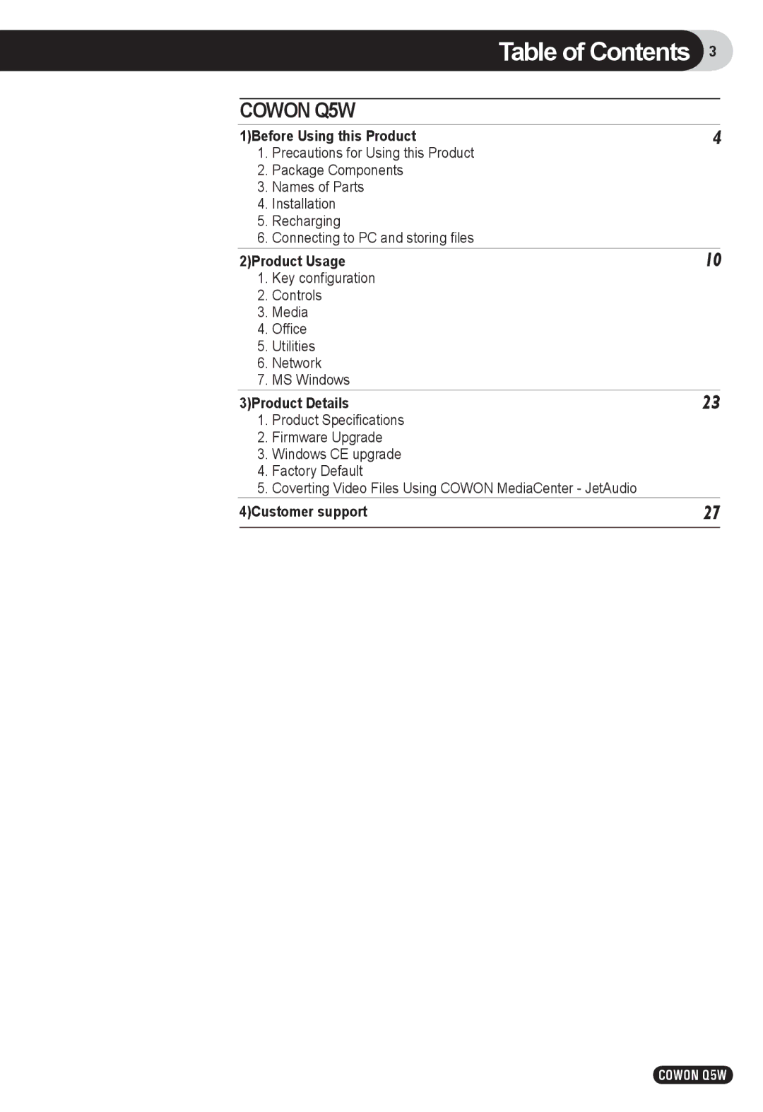 Cowon Systems Q5W user manual Table of Contents 