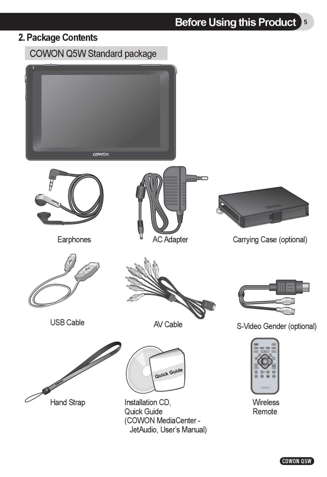 Cowon Systems Q5W user manual Package Contents 