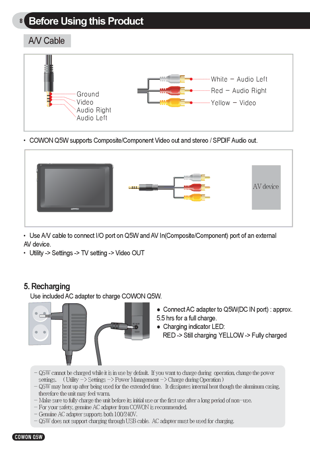 Cowon Systems Q5W user manual Cable, Recharging 