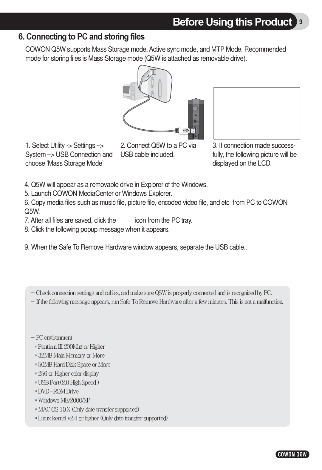 Cowon Systems Q5W user manual Connecting to PC and storing files 