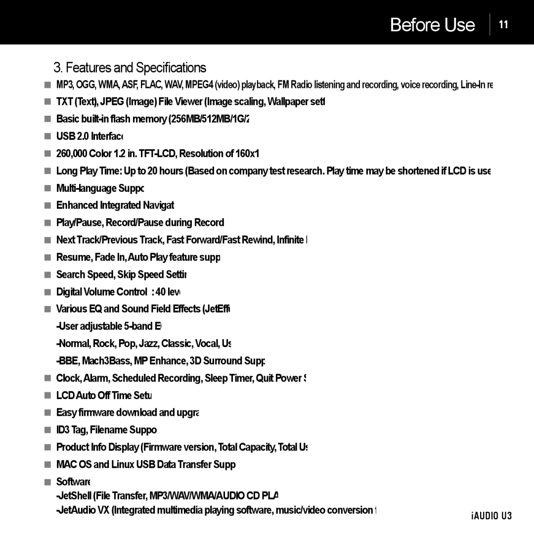 Cowon Systems U3 manual Features and Speciﬁcations 