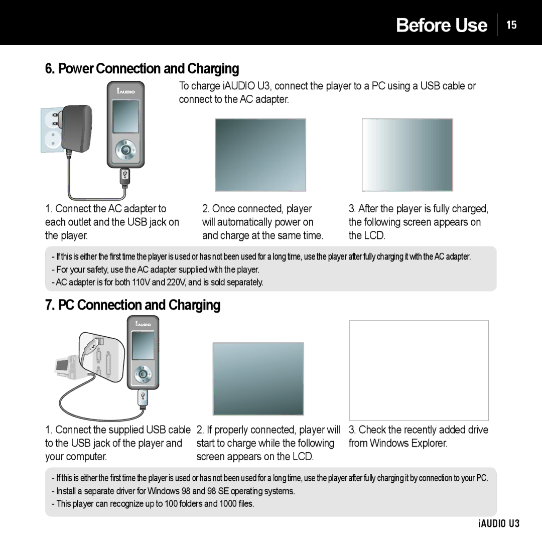 Cowon Systems U3 manual Power Connection and Charging, PC Connection and Charging 