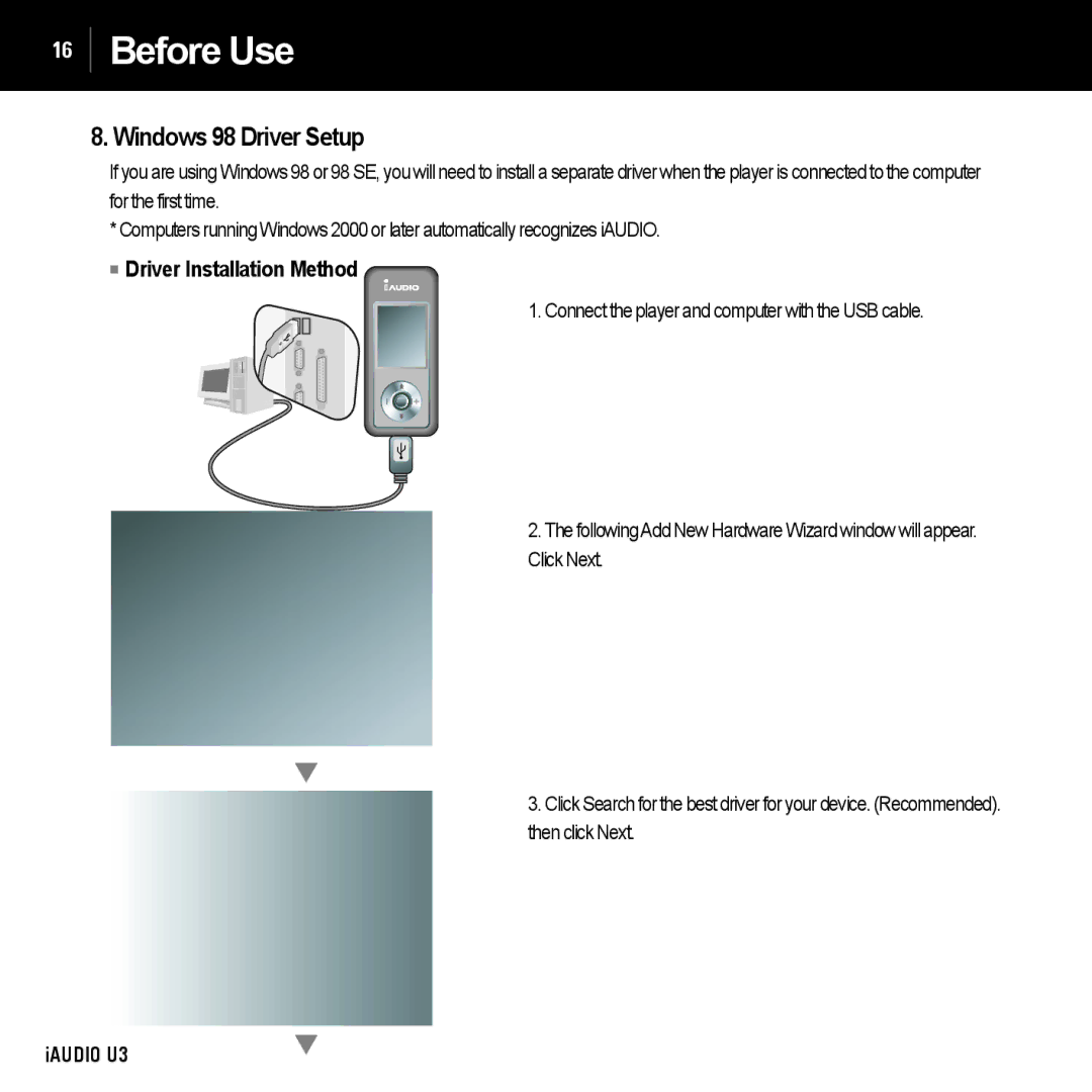 Cowon Systems U3 manual Windows 98 Driver Setup, Driver Installation Method 