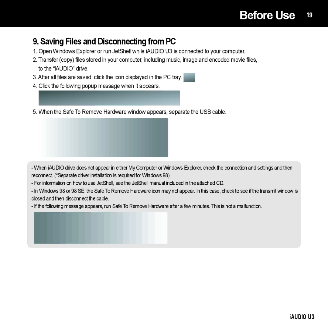 Cowon Systems U3 manual Saving Files and Disconnecting from PC 