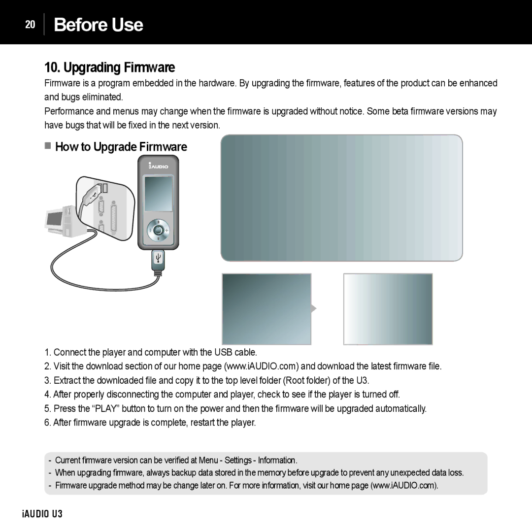 Cowon Systems U3 manual Upgrading Firmware, How to Upgrade Firmware, After ﬁ rmware upgrade is complete, restart the player 