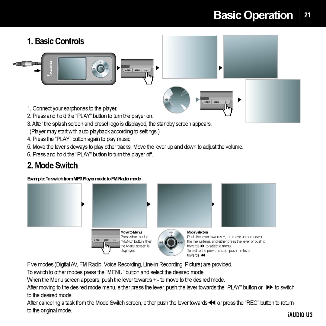 Cowon Systems manual Basic Operation, Basic Controls, Mode Switch, To the original mode IAUDIO U3 