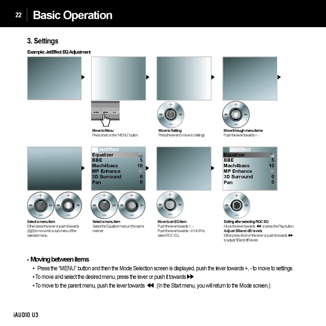 Cowon Systems U3 manual Settings, Movingbetweenitems 