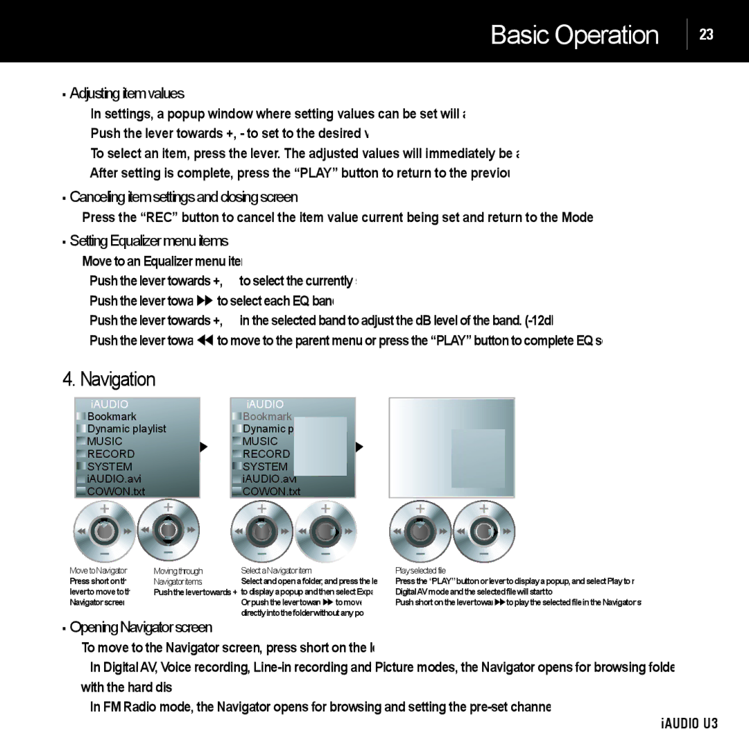 Cowon Systems U3 manual Navigation, Adjustingitemvalues, Cancelingitemsettingsandclosingscreen, SettingEqualizermenuitems 