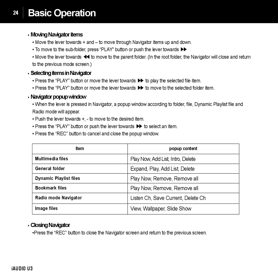 Cowon Systems U3 manual MovingNavigatoritems, SelectingitemsinNavigator, Navigatorpopupwindow, View, Wallpaper, Slide Show 