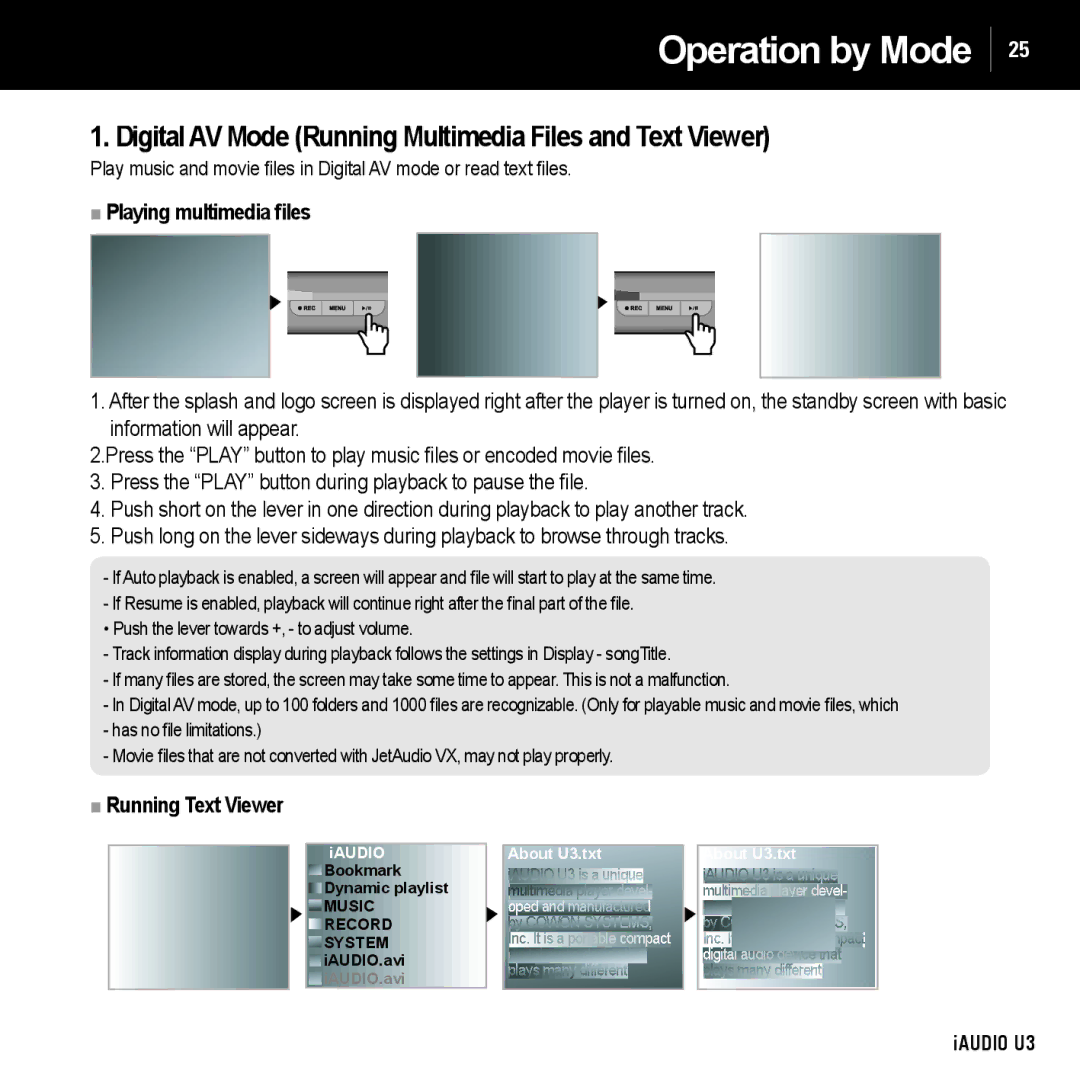 Cowon Systems U3 Operation by Mode, Digital AV Mode Running Multimedia Files and Text Viewer, Playing multimedia ﬁles 