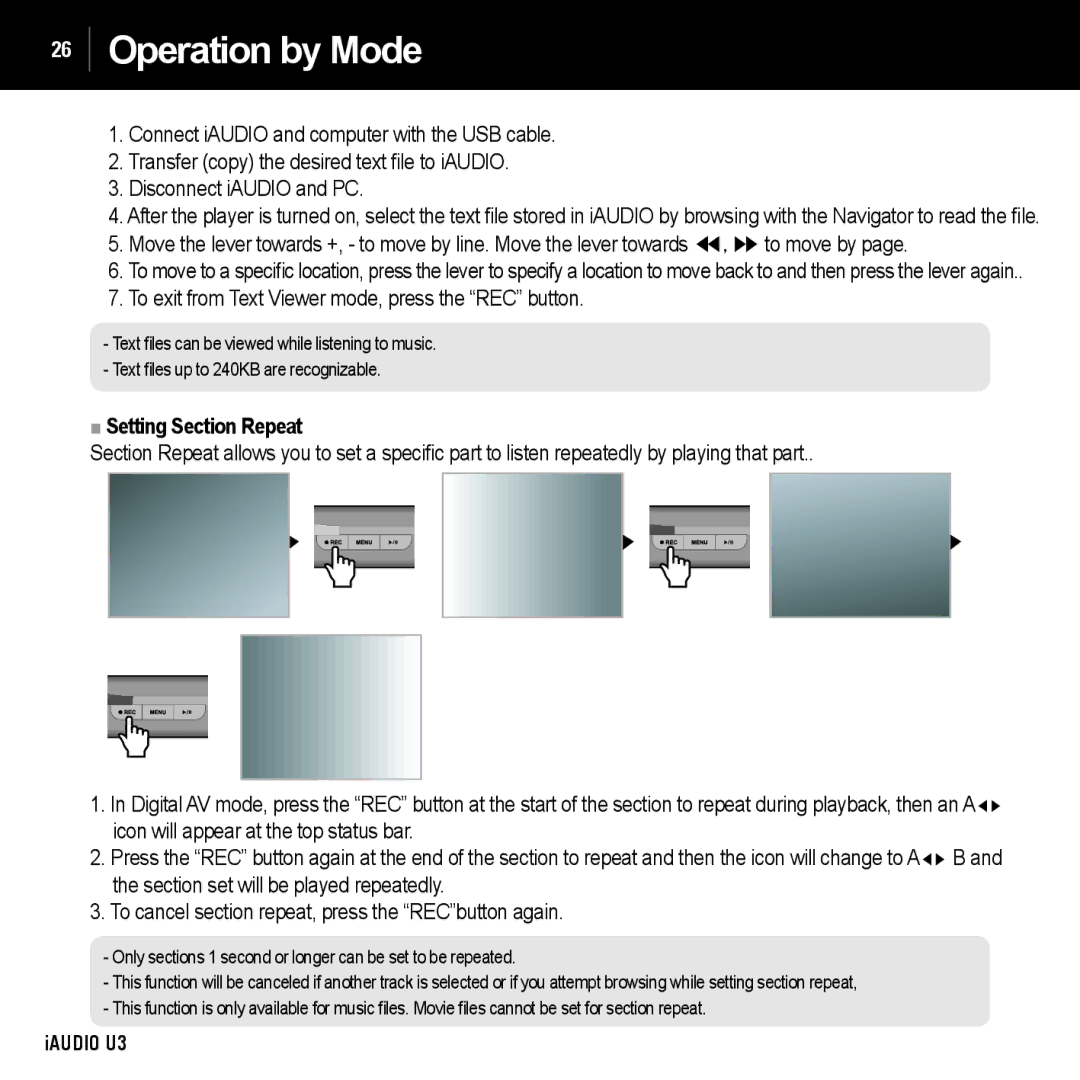 Cowon Systems U3 manual To exit from Text Viewer mode, press the REC button, Setting Section Repeat 