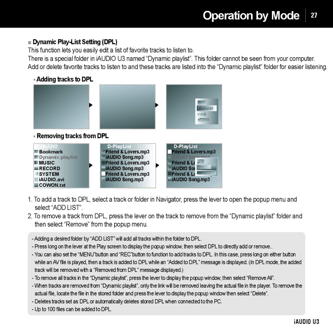 Cowon Systems U3 manual Dynamic Play-List Setting DPL, Adding tracks to DPL Removing tracks from DPL 