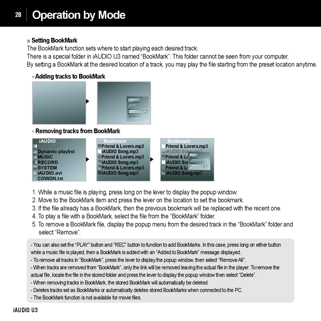 Cowon Systems U3 manual Setting BookMark, Adding tracks to BookMark Removing tracks from BookMark 