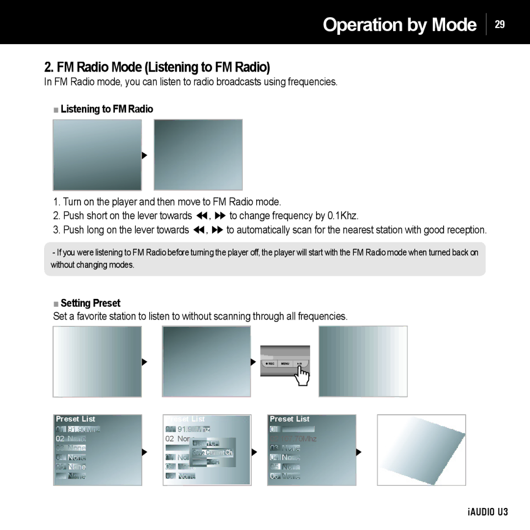 Cowon Systems U3 manual FM Radio Mode Listening to FM Radio, Setting Preset 