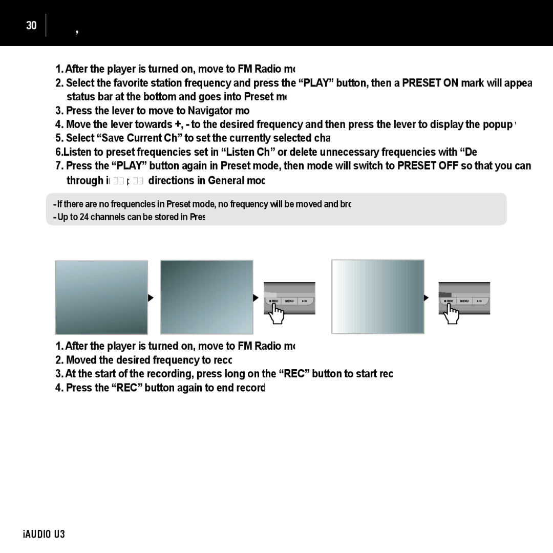 Cowon Systems U3 manual Select Save Current Ch to set the currently selected channel, Recording FM Radio 