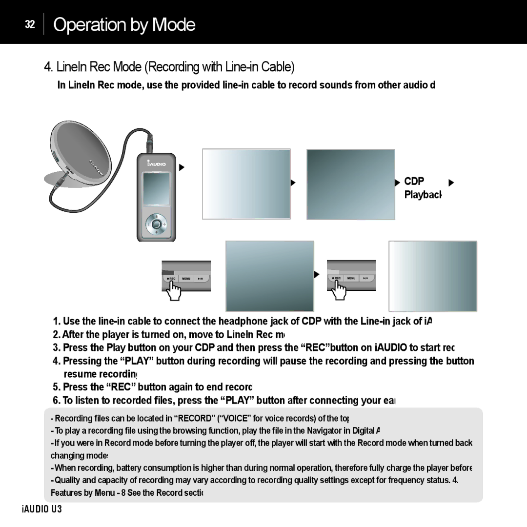 Cowon Systems U3 manual LineIn Rec Mode Recording with Line-in Cable, Cdp 