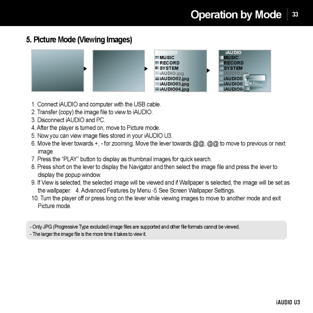 Cowon Systems U3 manual Picture Mode Viewing Images 